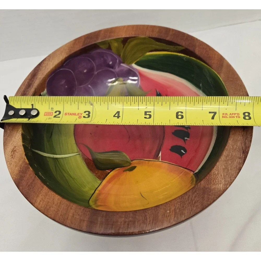 Vtg Hand Painted Mexican Wood Bowl Vibrant Fruit Folk Art Olinala Style Signed